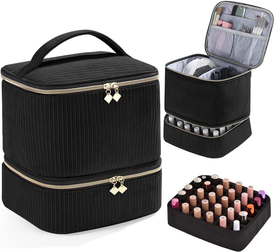 Corduroy Nail Polish Organizer and Nail Lamp Case, Nail Kit Organizer Holds 30 Bottles (15ml - 0.5 fl.oz) and a Nail Lamp, Nail Polish Carrying Case with Manicure Tools Storage Sections (Black)
