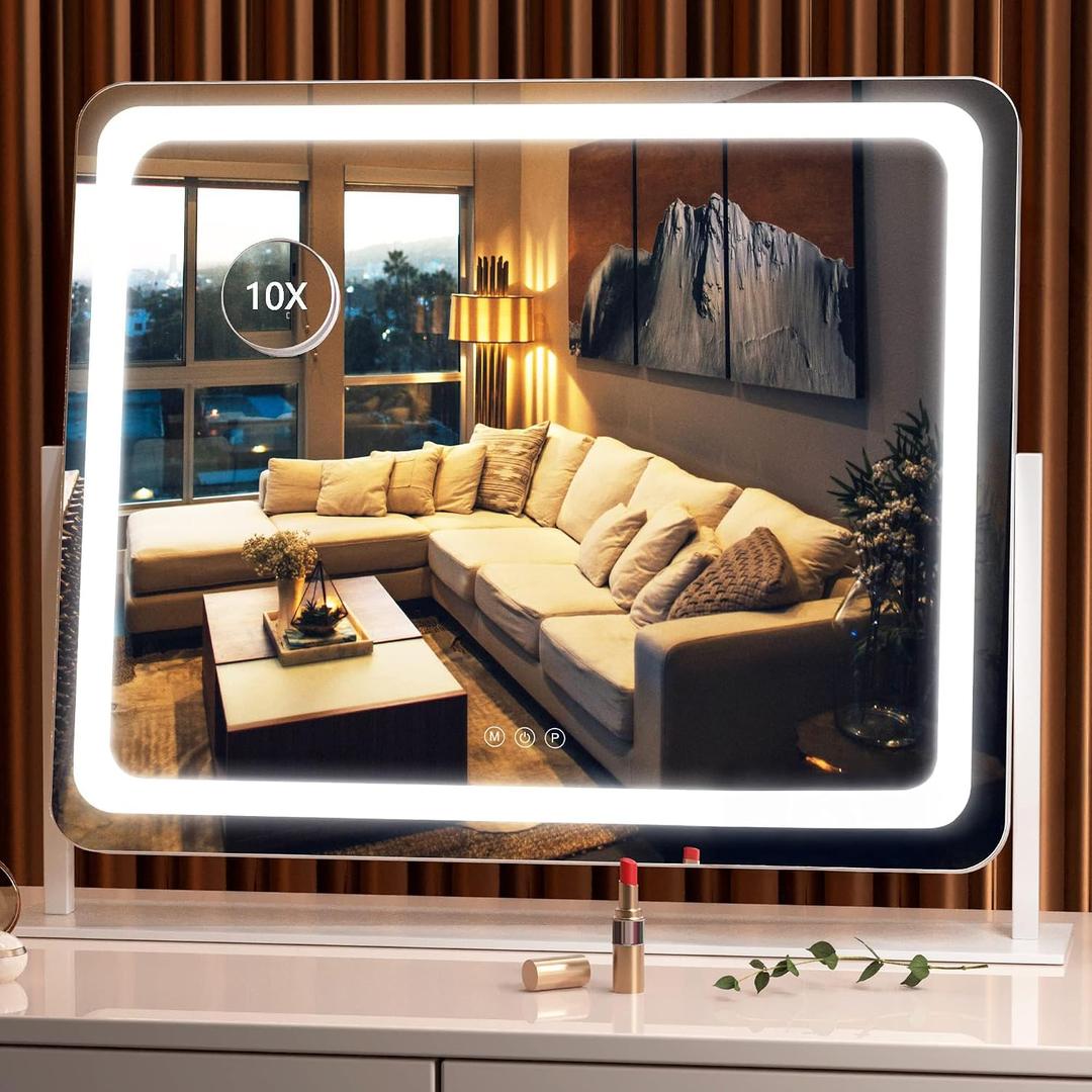 Hasipu Vanity Mirror with Lights, 24.2" x 20" LED Make up Mirror, Light up Mirror with 10X Magnification, Smart Touch 3 Colors Dimmable, Brightness Adjustment, 360 Rotation (White)