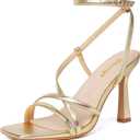 RIBONGZ Strappy Stiletto Kitten Heels Ankle Strap Sexy Heeled Sandals for Women Square Open Toe High Heels Wedding Bride Party Prom Dress Shoes (7, Gold)