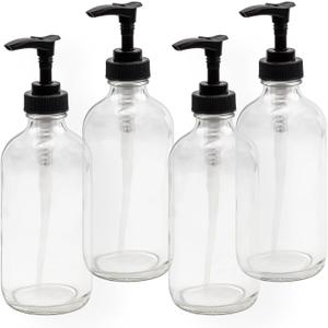 Cornucopia Brands 8oz Clear Glass Pump Bottles (4-Pack w/Black Plastic Pumps), Great as Essential Oil Bottles, Lotion Bottles, Soap Dispensers, and More