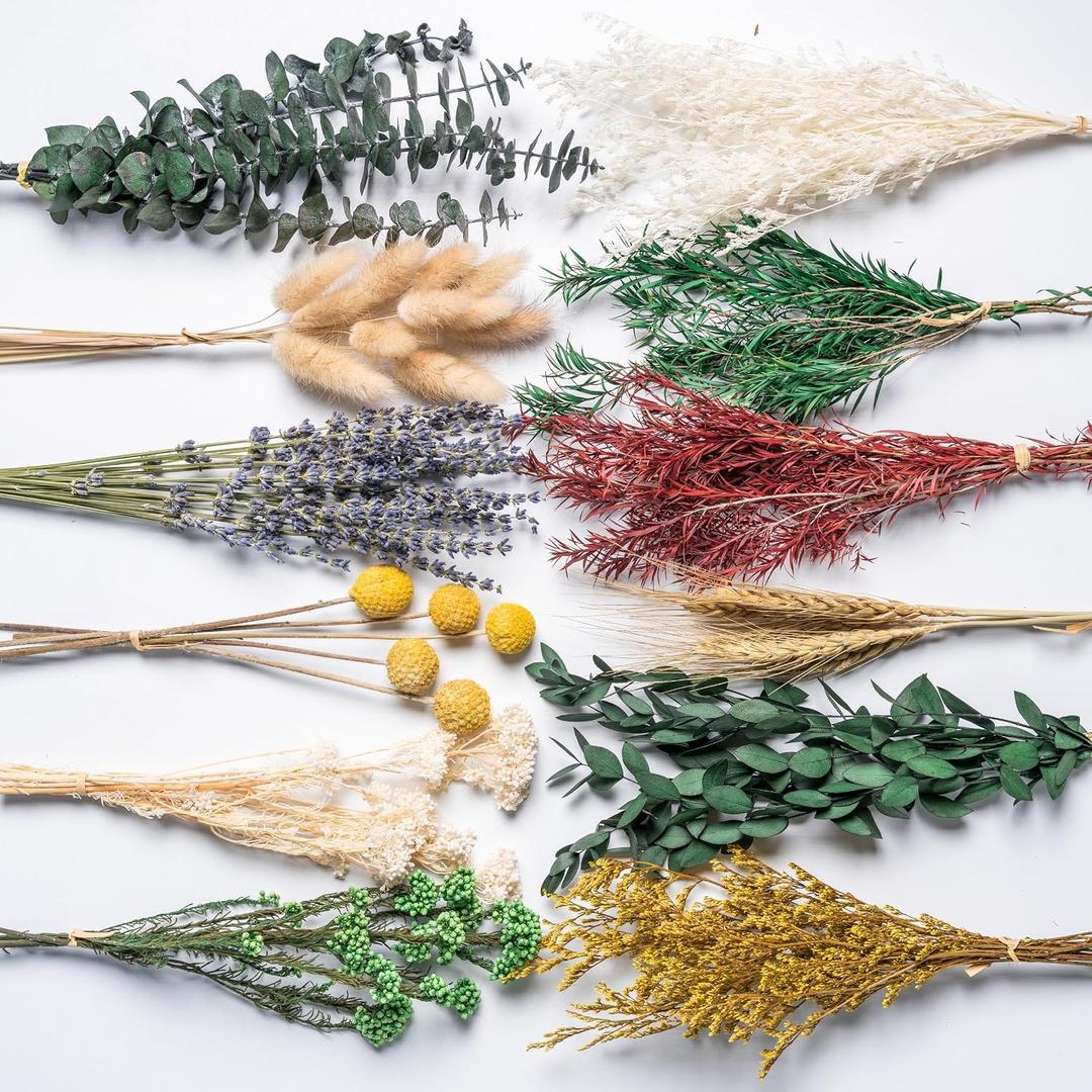 12kinds Natural Dried Flowers DIY kit ,10~12inch,Handpicked Including Lavender/Eucalyptus/Wheat,for Home Office Wedding Decor, Low-Maintenance