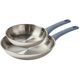 T-fal Essentials Stainless Steel Cookware Set, 2-Piece 8" and 10.5", Induction Compatible, Oven Safe 350F, Pots and Pans Set, Cooking Skillets, Cookware, Kitchen Frying Pans, Silver/Blue