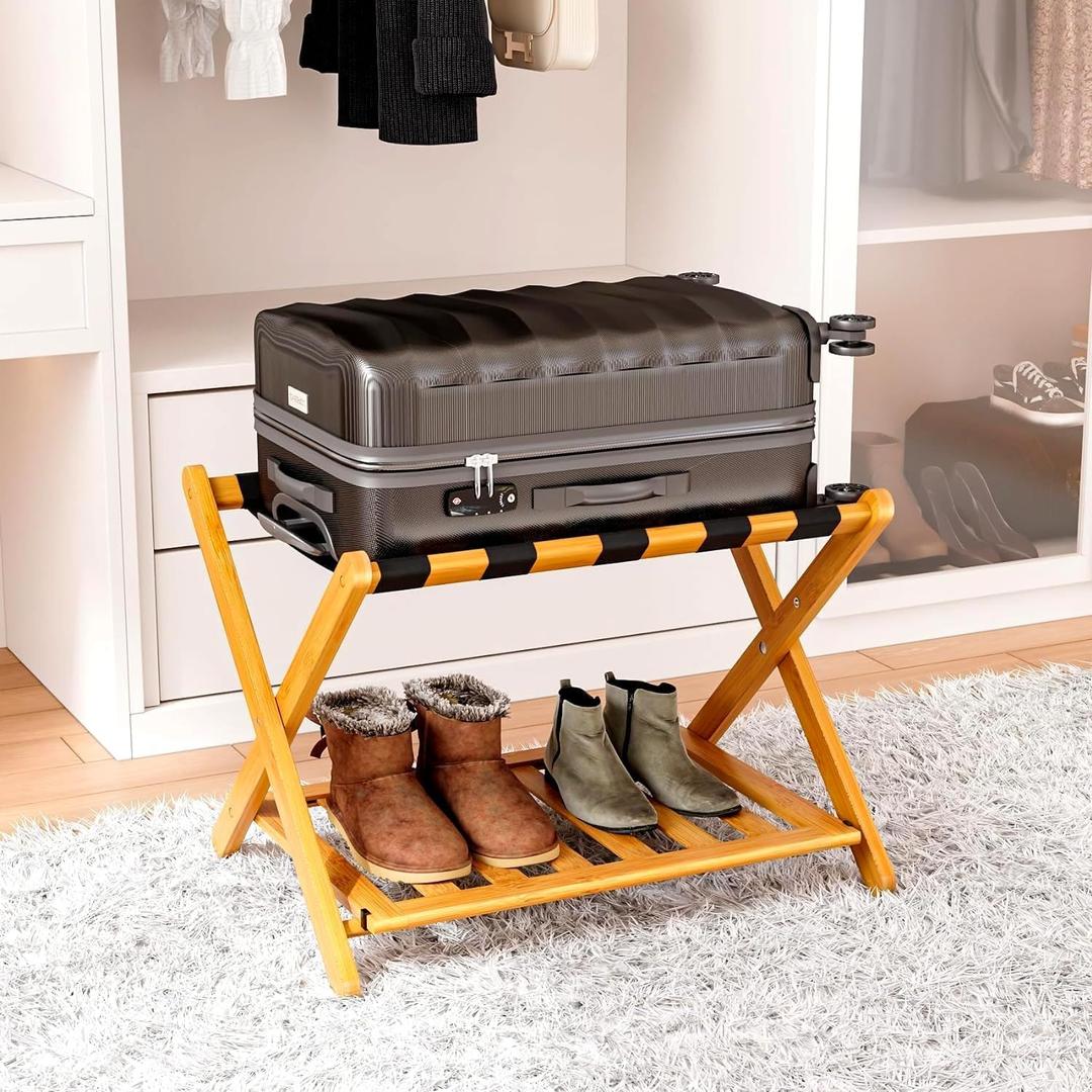 Fully Assembled Bamboo Luggage Racks, Foldable Suitcase Stand with 5 Nylon Straps, Luggage Stand with Shoe Shelf Ideal for Guest Room, Bedroom, Hotel, Honey Oak