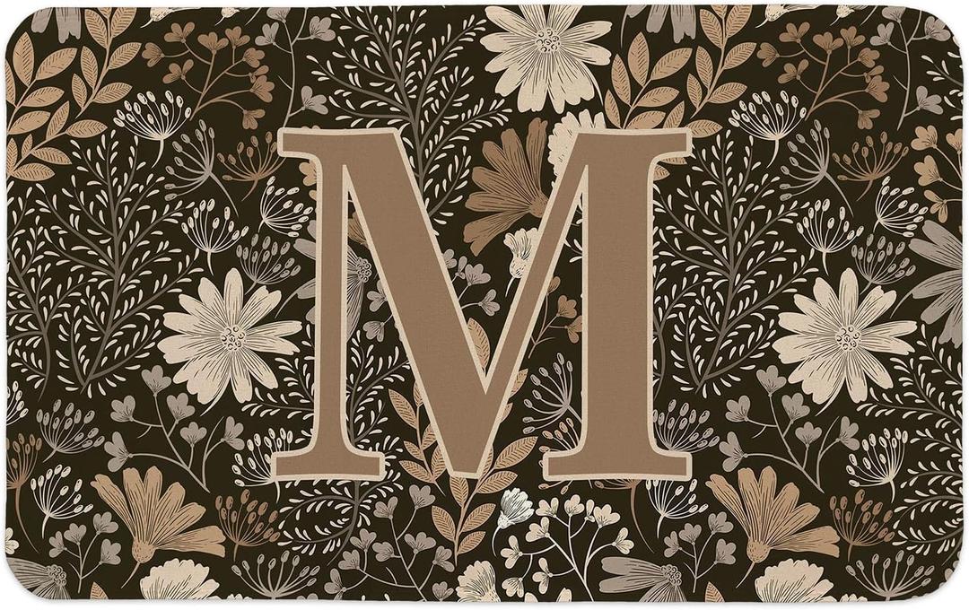 Vintage Boho Floral Personalized Door Mat Welcome Mat Initial Letter M Monogram Door Mats Indoor Outdoor, Kitchen Bath Mats, Gifts for Women, Retro Home Decor, 28 x 18 Inch