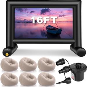 BreezeHug 6 Pcs Outdoor Movie Night Inflatable Bean Bag Chairs with 16ft Inflatable Movie Screen Projector Screen Blow up Chairs with Electric Air Pump for Family Backyard Camping Cinema Nights