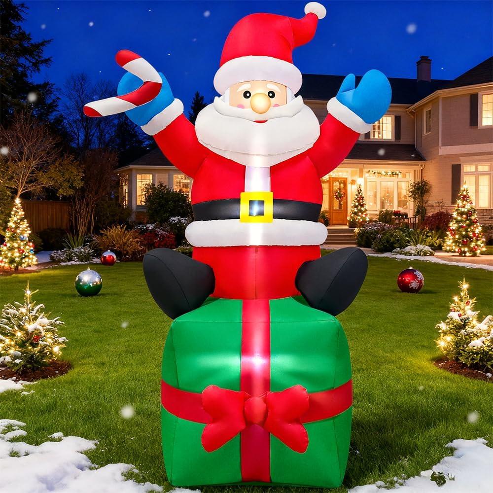 6FT Christmas Santa Inflatables Outdoor Decorations Santa Claus with Gift Box Blow Up Yard Decorations, Built-in LED Lights for Outdoor Christmas Party Yard Garden Lawn Xmas Decoration