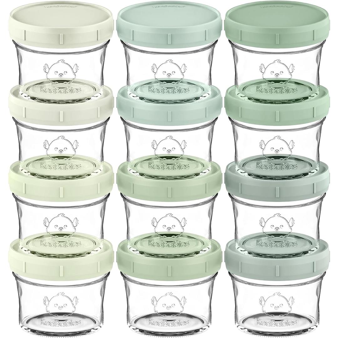 KeaBabies 12pk 4oz Glass Baby Food Containers with Lids - Leak-Proof, Microwavable Small Glass Jars, Baby Purees & Toddler Snack Storage Containers, BPA-Free, Dishwasher & Freezer Safe (Sage)