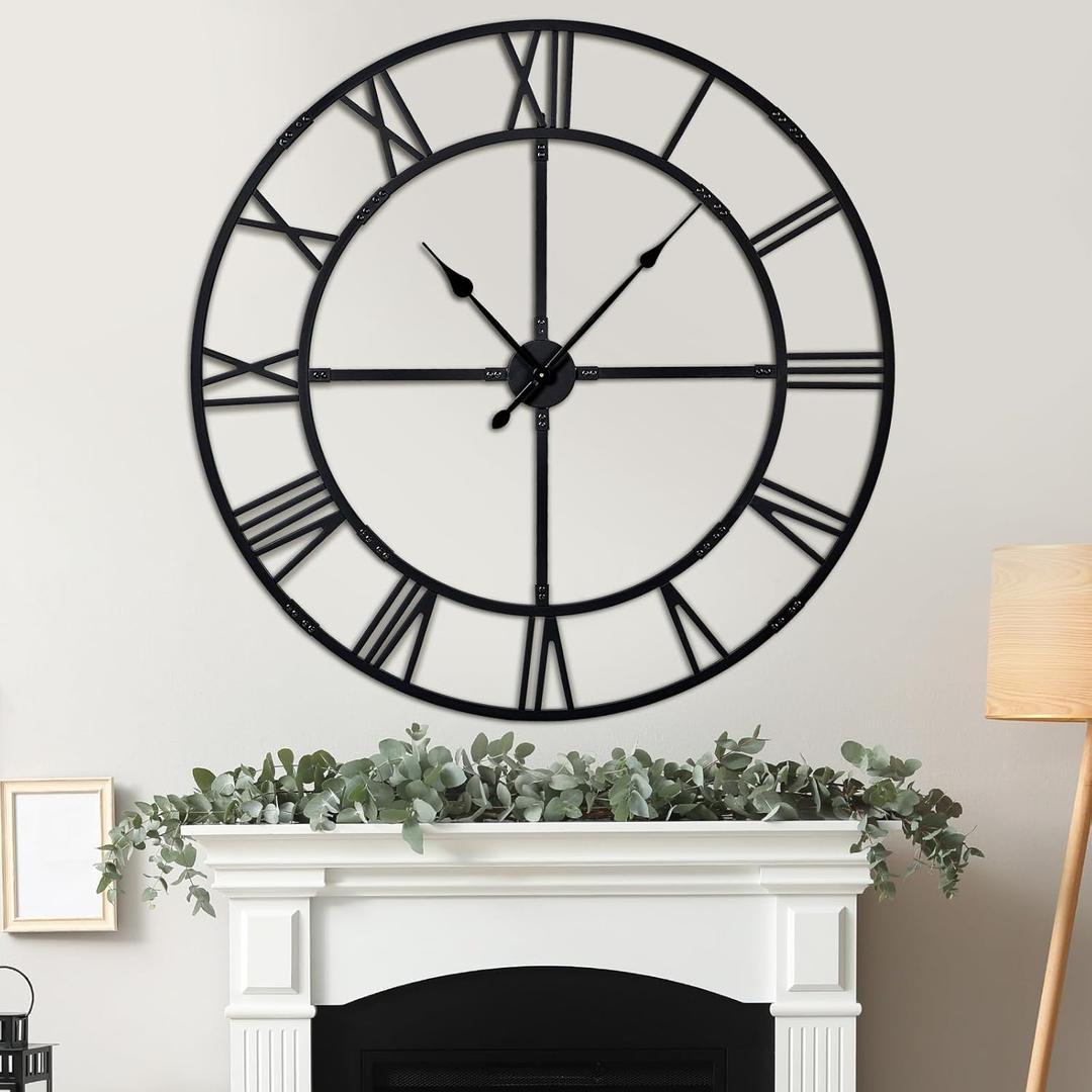 Oversized 48 inch Knocked-Down (KD) Wall Clock for Living Room Decor  Extra Large Silent Non-Ticking Modern Farmhouse Wall Clock, Decorative Metal Roman Numeral Clock, Black