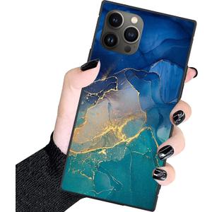 Designer Luxury Case for iPhone 15 Pro Women,Blue Green Gold Marble Classic Checkered Style,Hard PC+Soft Silicone case is Shock-Proof and Skid-Proof for Protective Case