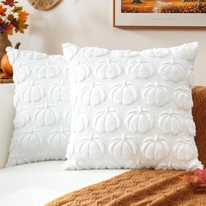 OTOSTAR Fall Throw Pillow Covers 16x16 Inch Set of 2 Pumpkin Autumn Harvest Decorations Pillowcases Soft Plush Faux Fur Wool Couch Cushion Covers for Home Bed Decor Thanksgiving Gifts (White)