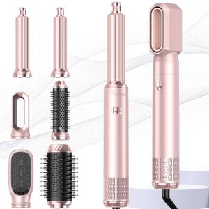 6 in 1 Hair Dryer Brush Hot Air Styler Detachable for Travel, Blow Dryer 3 Heat Settings to Straighten, Auto Curl, Volumize Home Salon Results Frizz-Free Shine All Hair Types (Pink-A)