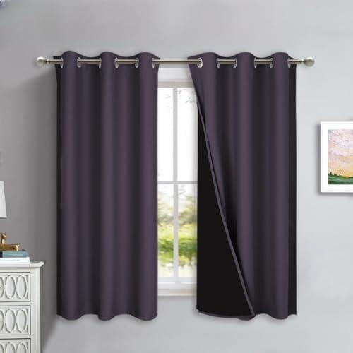 NICETOWN 100% Blackout Short Curtains with Black Liners, 2 Panels, 37" W by 40" L, Greyish Purple, Thermal Insulated Full Blackout 2-Layer Lined Drapes, Energy Efficiency Window Drapes for Bedroom