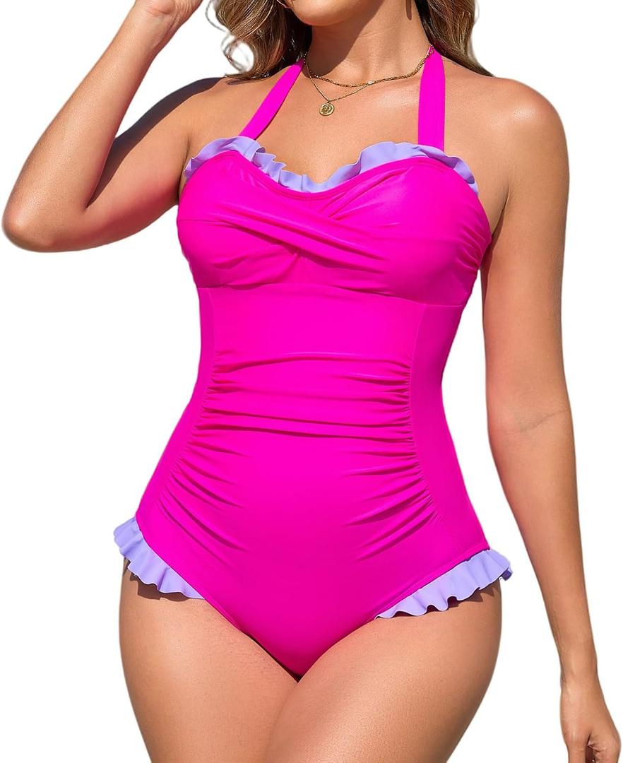 RIHOAS Women Halter One Piece Swimsuit Tummy Control Shapewear Bathing Suit Adjustable Straps for Beach Vacation Resort Party (Pink, L)