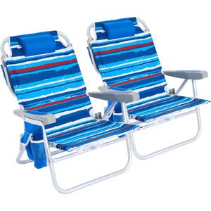 SUNNYFEEL Low Beach Chair 2 Pack, 5-Position Lay Flat Reclining, Backpack Portable Folding Chairs with Cooler Bag & Cup Holder, Heavy Duty 350 LBS, Compact for Beach, Camping, Travel