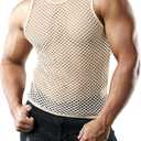 JOGAL Men's Mesh Fishnet Fitted Sleeveless Muscle Top (XX-Large, Beige)