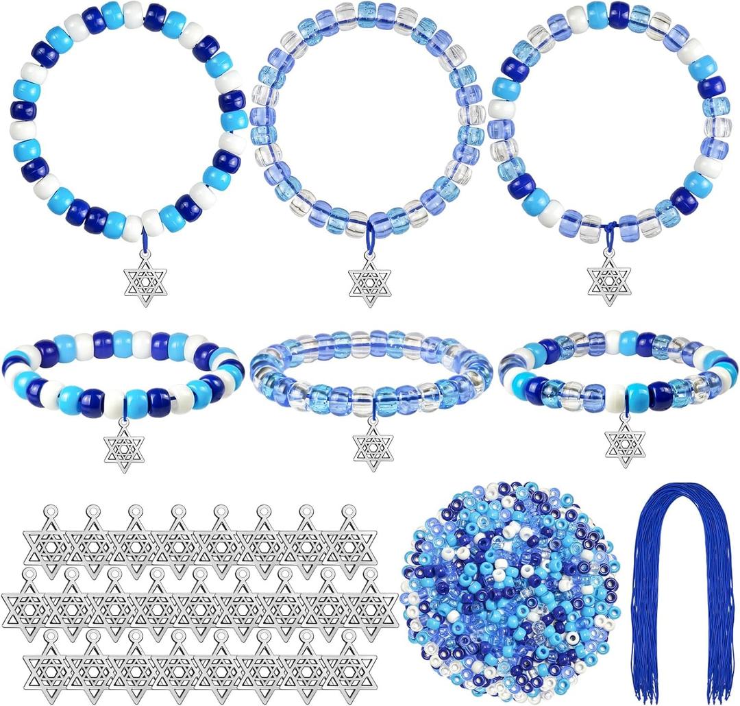 Cinrobiye 24 Set Hanukkah Beaded Bracelets Crafts Kit Bulk DIY Chanukah Beaded Stretch Wristband Craft Kit Festival of Lights Jewelry Making Kit Gifts for Winter Jewish Holiday Party Favors Supplies