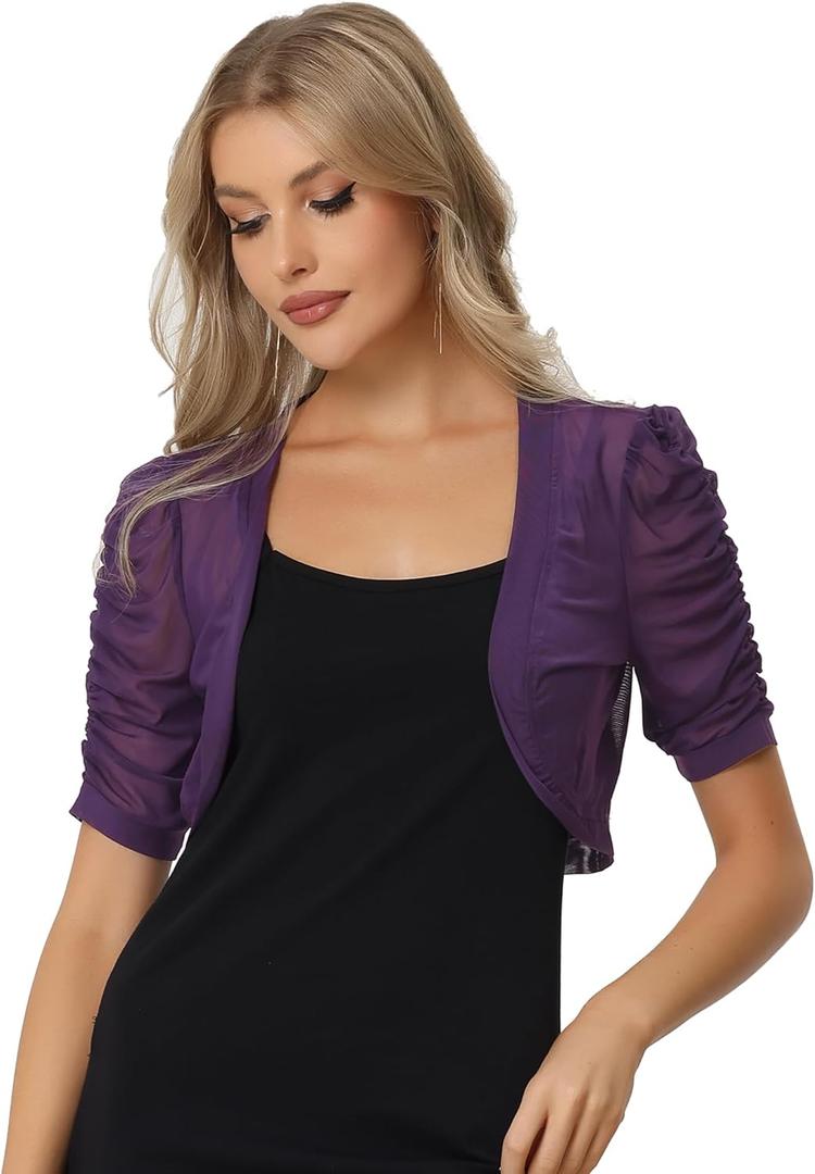 Allegra K Casual Short Sleeve Mesh Sheer Shrug for Women's Open Front Cropped Cardigan Bolero Small Purple
