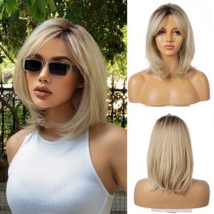 FUHSI Blonde Wigs for Women Ombre Light Blonde Wig with Bangs Layered Middle Length Synthetic Wig Dark Roots Hair for Daily Party