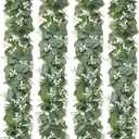 KHOYIME Eucalyptus Garland with White Flowers, 4 Packs 5.9Ft Artificial Silver Dollar Eucalyptus Leaves Plant Fake Greenery Hanging Ivy Vines Faux Wreath for Wedding Arch Party Mantle Table Home Decor
