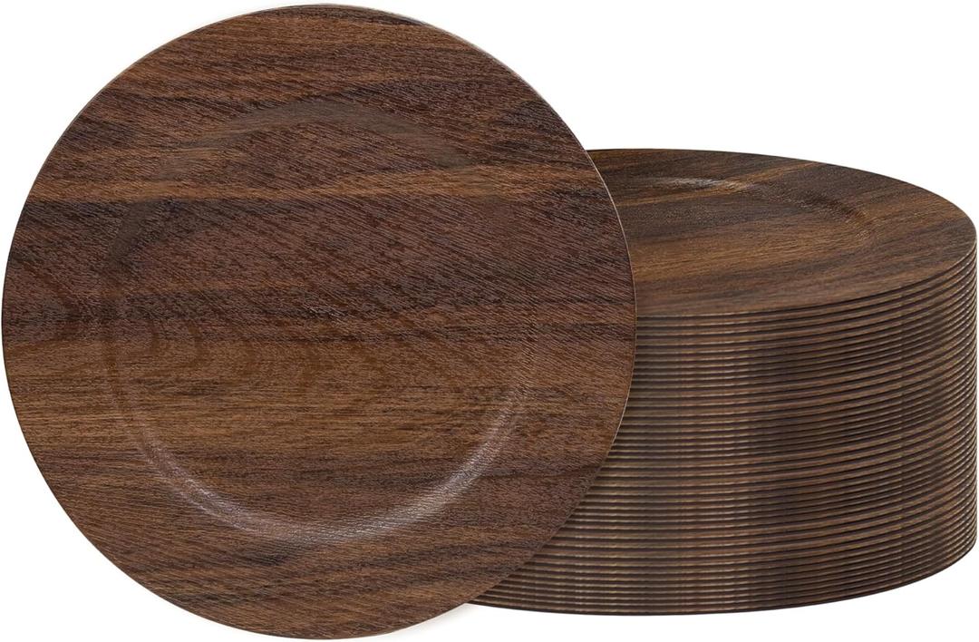 JEVERGN 40 Pack Farmhouse Charger Plates Bulk, 13'' Faux Wood Chargers for Dinner Plates, Brown Plate Chargers Set of 40, Round Plastic Charger for Wedding, Party Event, Dinner, Table Setting