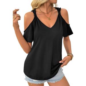LilyCoco Womens Cold Shoulder Tops Casual Summer Short Sleeve V Neck T Shirts Black Small (Black, S)