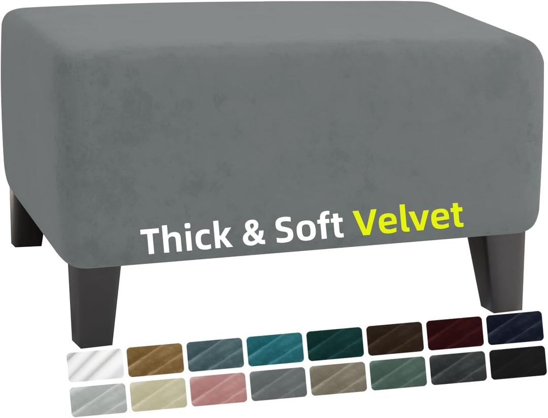 MAXIJIN Velvet Ottoman Cover Rectangular Stretch Square Ottoman Covers Slipcover Rectangle Washable Foot Stool Cover Thick Storage Protector with Elastic Bottom (Ottoman Small, Light Grey)