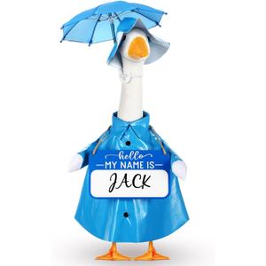 3 Pcs Raincoat Porch Goose Outfit Winter Raincoat Umbrella with Name Wooden Sign for Lawn Cement 23" Goose Statue Clothes Outdoor Patio Yard Lawn Decoration(Blue)