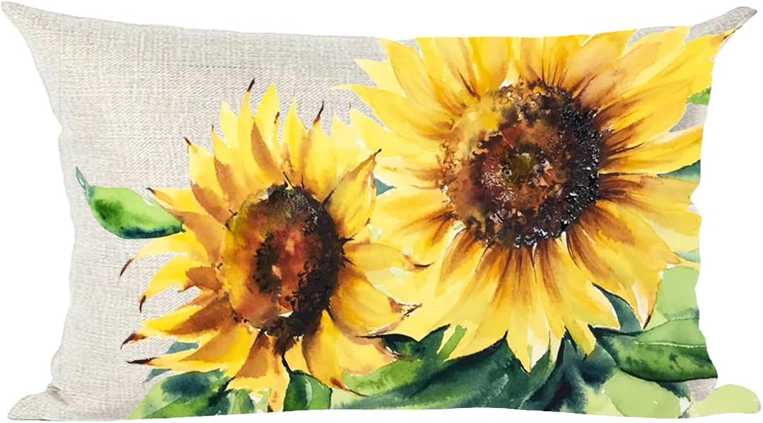Ramirar Ink Oil Painting Watercolor Yellow Sunflowers Green Leaves Summer Decorative Lumbar Throw Pillow Cover Case Home Living Room Bed Sofa Car Cotton Linen Rectangular 12 x 20 Inches
