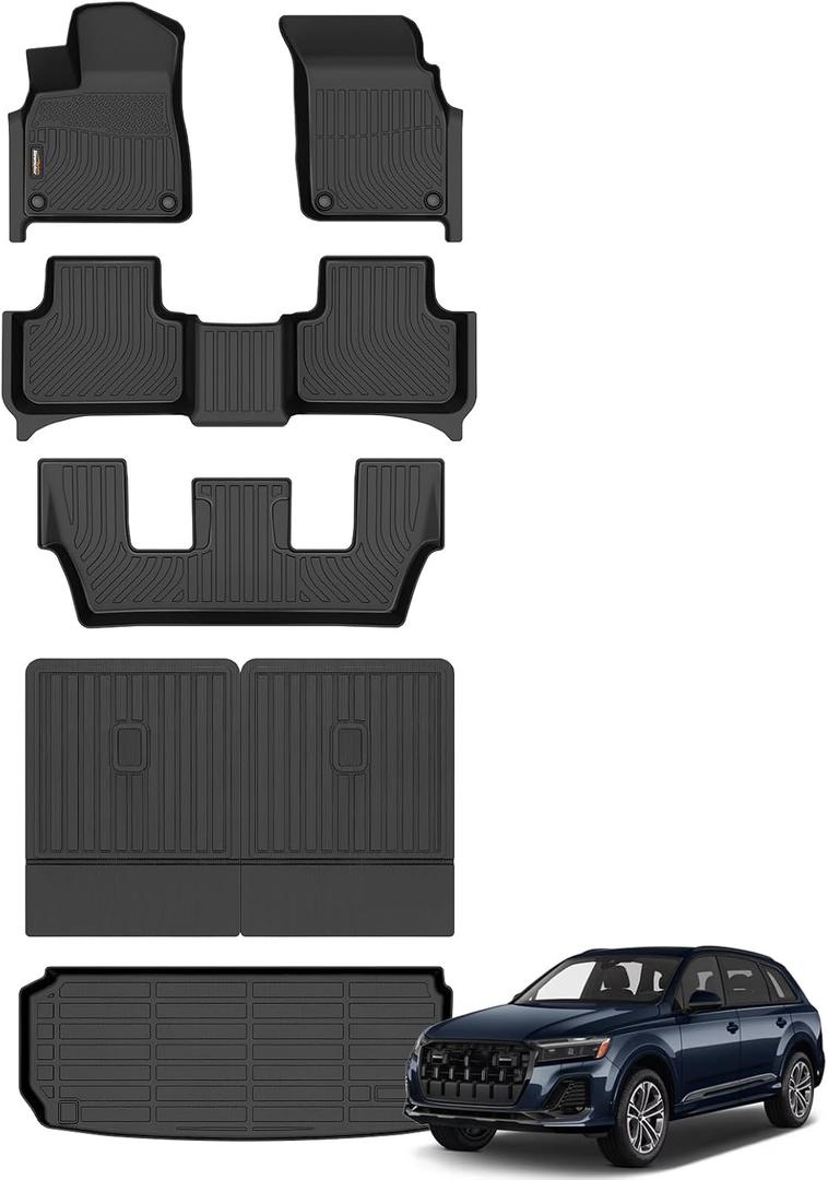 Binmotor-All Weather Car Floor Mats Cargo Liner Set for Audi Q7/SQ7 2020-2025 2026(Not for 5 Seats), 2 Rows with Cargo Mat TPE Liners for Audi Q7 Accessories Trunk Mat-Black