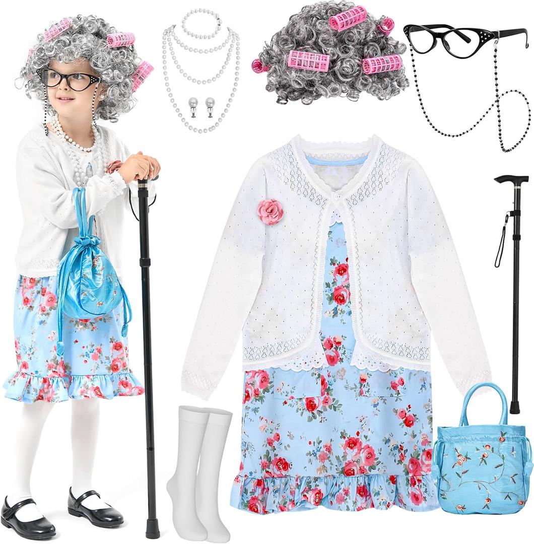 MGparty 100th Day of School Costume for Girls, Old Lady Costume for Kids, Grandma Cosplay Dress Up (8-10 Years)