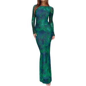REORIA Women's Spring Mesh Sheer Long Sleeve Wedding Guest Dress Sexy Floral Bodycon Maxi Long Dresses (Medium, Green Bio Tech Floral)