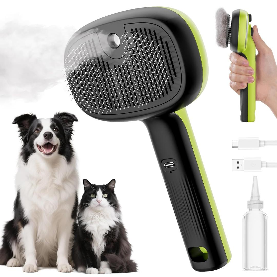 Pecute Cat Steam Brush, Self-Cleaning Steam Cat Brush with 2 Water Spray Modes, Large Capacity Tank, Steaming Renu Dog Brush for Shedding Massaging Grooming, Cool Mist Only (Green)