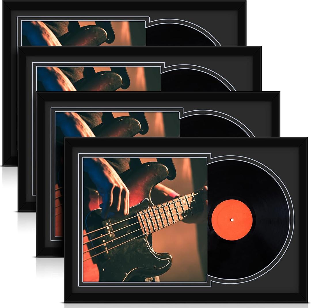 Colingmill 4 Pcs Vinyl Record Display Frame 16x22 Inches Double Groove Record Album Frame and 12.512.5 Inch Album Cover Art for Wall Mounting Home Decor (Black Matting), 23.6 x 15.6 inches