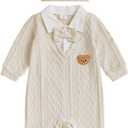 Newborn Baby Boys Gentleman Knit Romper Long Sleeve Bowtie Jumpsuit with Hat Infant Cute Fall Winter Clothes (0-3 Months, Apricot)