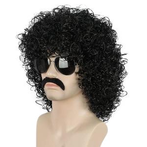 yuehong Black Curly Fluffy Jumbo 70s Afro Wig 80s Rocker Disco Party Costume Hair Heat Resistant Synthetic Fibers Soft Breathable Wig with Mustache