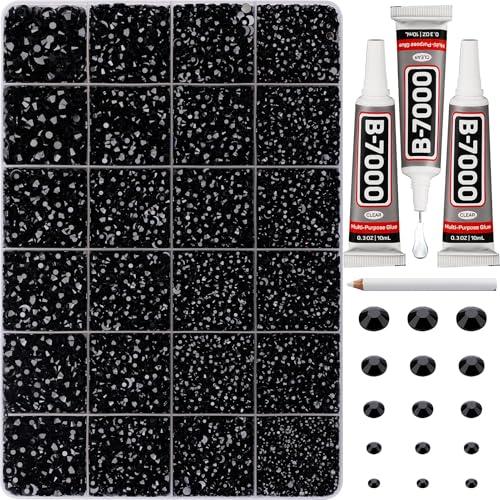 33000Pcs Black Rhinestones for Bedazzling, Bedazzler Kit with Flatback Craft Rhinestones Black Bulk and B7000 Glue, 2, 3, 4, 5, 6mm Resin Flat Back Crystals for Craftings, Crafts, Clothes, Shoes, Nails