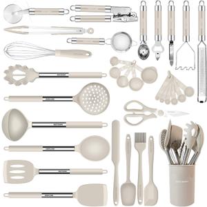 Kitchen Utensils Set-Silicone Cooking Utensils-33pcs Non-Stick Silicone Cooking Kitchen Utensils Spatula Set with Holder-Best Kitchen Cookware with Stainless Steel Handle (Khaki)