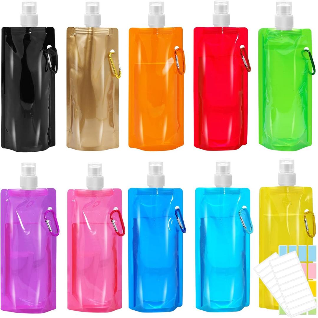 Smilixin 10 Pack Collapsible Water Bottles,Reusable Drinking Water Bags with Carabiner Clip,480ml Travel Water Bottle,Leak Proof Water Bottles for Camping,Hiking Travel,Gym,Sports,Biking,BPA Free