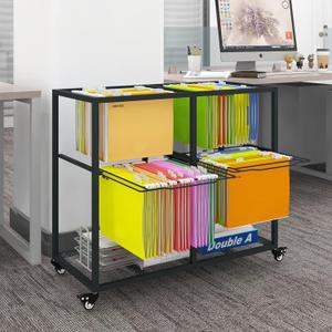PUNCIA 2 Tiers 2 Column Heavy Duty Metal Rolling File Carts with Wheels Hanging Files for Letter Size Movable Pull-Out File Folder Rack Drawer File Cabinet for Home Office (Black)