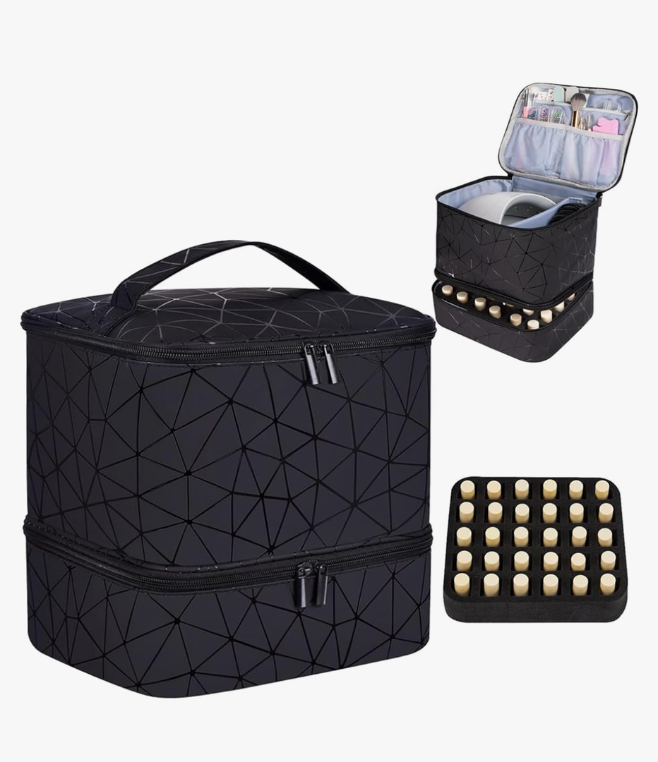 PU Leather Nail Polish Organizer and Nail Lamp Case, Nail Kit Organizer Holds 30+ Bottles (15ml - 0.5 fl.oz) and a Nail Lamp, Nail Polish Carrying Case with Manicure Tools Storage Sections
