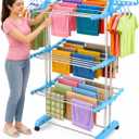 Clothes Drying Rack, 3-Tier Folding Stainless Steel Laundry Rack with Side Wings Indoor & Outdoor Use Space-Saving Design (Blue) Large ABS Steel