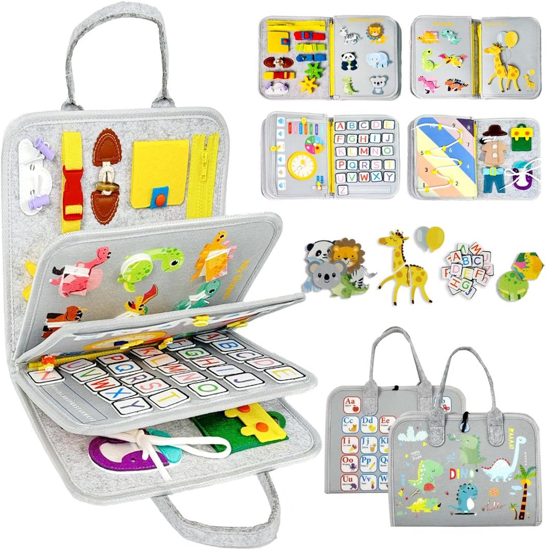 Qizfun Busy Board Montessori Toy for Toddlers, Educational Sensory Learning Toy for Fine Motor Skills, Preschool Travel Toy for Airplane & Car, Gifts for Boys and Girls