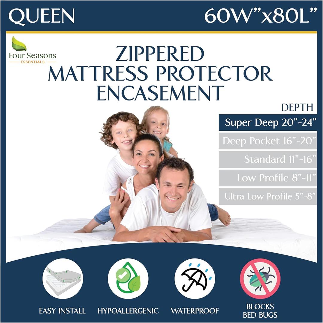 Super Deep Pocket Mattress Encasement - Queen - Zippered Bedbug Waterproof Protector for Very Deep Mattresses 20-24 inch Depth