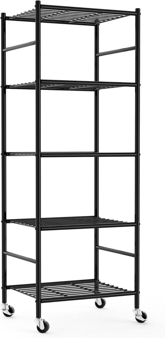 Storage Shelves Organizer - 5 Tier Metal Shelf Organizer with Metal Wheels and Adjustable Leveling Feet, Heavy Duty Garage Shelving for Kitchen, Pantry and Closet, 18.1"x12.6"x58.7", Black