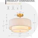 16-inch Double Drum Ceiling Light Fixture for Hallway, Living Room | 2-Layer Linen Shade, Gold Base, Semi Flush Mount Close to Ceiling, 3-Light E26 Socket, Hardwired, 120V