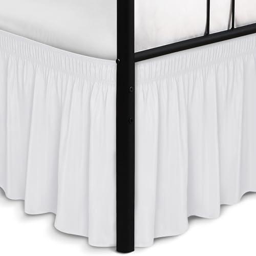 Biscaynebay Wrap Around Bed Skirts with Split Corners for Queen Beds 16" Drop, White Elastic Dust Ruffles Adjustable Easy Fit Wrinkle & Fade Resistant Silky Luxurious Fabric Machine Washable