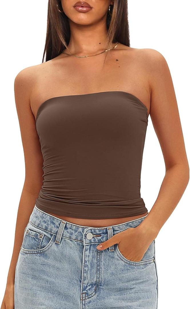 Darong Womens Padded Tube Tops Bulit in Bra Strapless Crop Tops Bandeau Double Lined Basic Going Out Tank Top (Medium, Coffee)