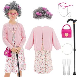 WooWee Kids Girl 100 Days of School Costume, Old Lady Costume for Kids, Halloween Cosplay Dress Up