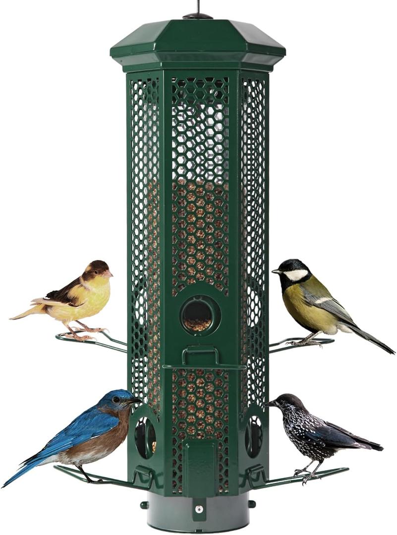 Squirrel Proof Bird Feeders with Removable Base, Metal Wild Bird Feeder for Outdoors Hanging, 6 Weight-Activated Ports Perches, 3LB Seed Capacity(Green)