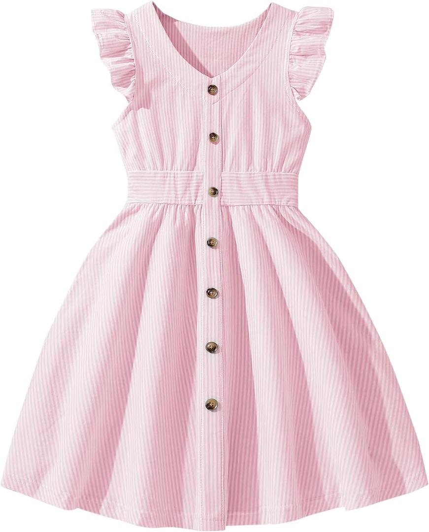 Girl Summer Striped Dress Ruffle Sleeve A Line Swing Casual Midi Dresses Pink 11-12Y (Pink)